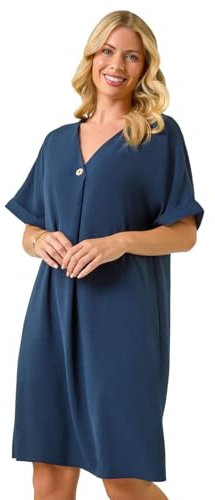 Roman Petite One Button V-Neck Dress for Women UK - Ladies Everyday Holiday Spring Summer V-Neckline Comfy Soft Evening Vacation Work Party - Petite Navy - Size 14