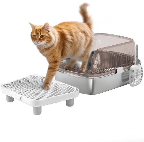 PawHut Arenero para Gatos Cubierto Extragrande Caja de Arena Cerrado con Bandeja de Acero Inoxidable Bordes Altos Pala Peldaño Zona para Caída de Arena sin Olor Fácil Limpieza Gris