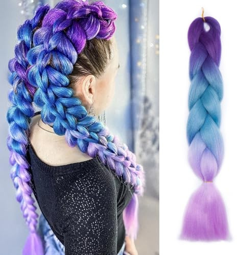 TESS K-Pop Rumi's Signature Purple Braiding Hair for Girls UK 24 Inch Cosplay DIY Pre Stretched Hair Extensions #6 Dark Purple & Light Brown & Light Blue