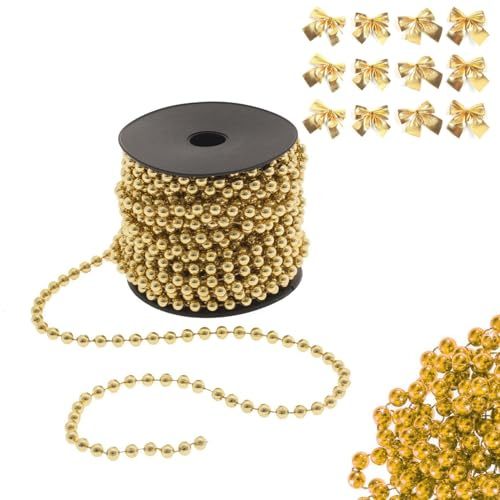 Christmas Bead Chain - 10M Gold Red Silver Beads Garland Decorations for Christmas Tree, Table, DIY - Includes 12 Bows, String Pearls for Decorating, Beaded Curtain & Holiday Decor