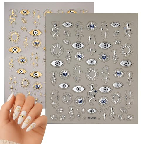 Gothic Style 5D Embossed Silver Gold Nail Decals with Snake Angel Eyes Sun Star Patterns - DIY Self-Adhesive Textured Stickers for Halloween Manicure Creative Artistic Design