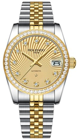 ROLENDO Elegante Uhren Damen mit Automatikwerk & Diamant-Lünette, 32 mm Edelstahlgehäuse mit Lupendatum - Damenuhr für Moderne Frauen (Gold)