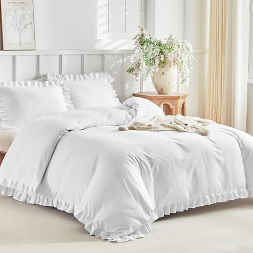 Tokokimo King Size Duvet Cover Sets White Bedding - Soft Microfiber King Size Duvet Cover with 2 Envelope Pillowcases for Bed Frilly White Bedding Sets 230x220 cm, Ruffle