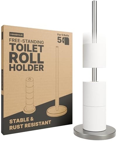 Minismus Toilettenpapierhalter stehend mit beschwerter Basis für kippsicheren Stand, Toilettenpapierständer aus Edelstahl, bietet Platz für bis zu 5 Ersatzrollen für bequemen Zugriff (Silber)