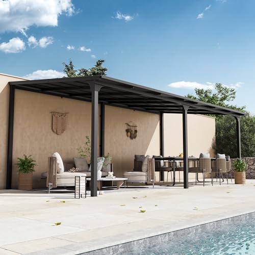 Modern Shade Terrassenüberdachung Pavillon 3 x 6m Hardtop Wandmontierter mit eingebautem Entwässerungssystem, Verzinktem Stahldach Anstellpavillon, Gartenpavillon für Hinterhöfe Gärten Deck Veranda