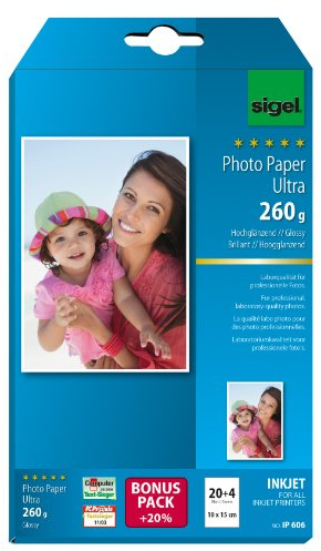 SIGEL IP606 InkJet-Fotopapier Ultra, 10x15 cm, 260 g, 20 + 4 Blatt gratis, hochglänzend, extrem lichtbeständig, für hochwertige Fotografien