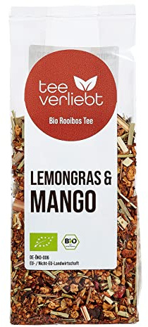 teeverliebt - Bio Rooibos Tee Mango & Lemongras 100 g I Loser Rotbusch-Tee in feinster Blatt-Qualität - koffeinfrei I Exotisch Fruchtig Frisch I Aus kontrolliert biologischem Anbau I 100g