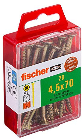 fischer Power-Fast FPF-SZ 4,5 x 70 YZP 20 B - Spanplattenschrauben mit Senkkopf und Teilgewinde, zur Befestigungen von tragenden Bauteilen in Holz, gelbverzinkt - 20 Stück
