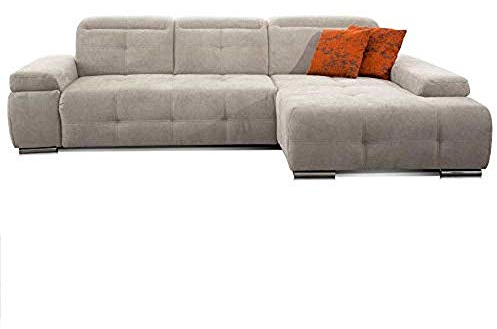 CAVADORE Ecksofa Mistrel mit Longchair XL rechts / Große Eck-Couch im modernen Design / Inkl. verstellbaren Kopfteilen / Wellenunterfederung / 273 x 77 x 173 / Kati Grau-Weiss