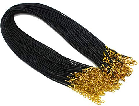 Sovenny 50 Pieces 1.5mm Black Waxed Necklace Cord with Gold Chain Lobster Clasp for Bracelet Necklace and Jewelry Making