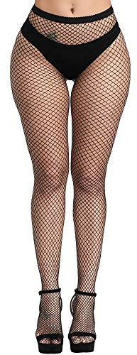 E-Laurels Womens High Waist Patterned Fishnet Tights Suspenders Pantyhose Thigh High Stockings Black (Black Fishnet Tights M_hole)