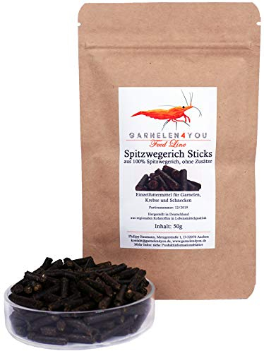 GARNELEN4YOU® Spitzwegerich Sticks | Premium Garnelenfutter | nachhaltige Verpackung | Made in Germany | Futter Pellets für Garnelen, Krebse, Schnecken & Co.