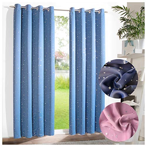 heimtexland ® Verdunklungsvorhang Dekoschal Blickdicht Kinder Gardine Sterne Silber Hellblau Ösenschal HxB 225x135 Typ639