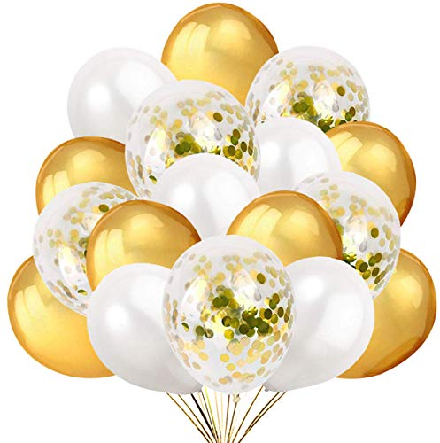 50 Luftballons Gold Weiß mit Gold Konfetti Ballons für Party Feier Dekoration für Neujahr, Geburtstag und Geburtstagsdeko