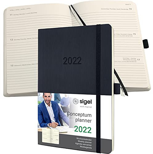 SIGEL C2222 Terminplaner Wochenkalender 2022 - ca. A5 - schwarz - Softcover - 192 Seiten - Gummiband, Stiftschlaufe, Archivtasche - PEFC-zertifiziert - Conceptum