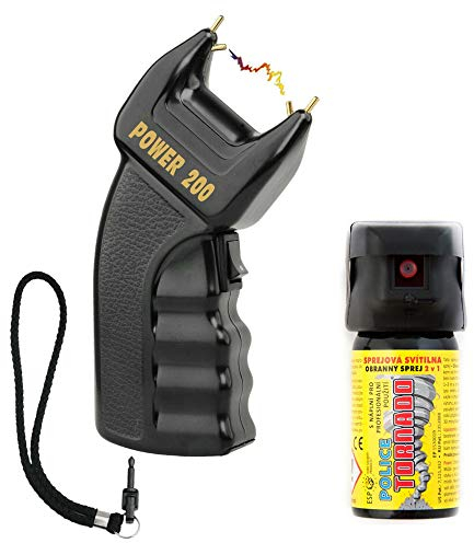 SHD - Power Abwehrset Elektroschocker 200.000 Volt mit PTB Zulassung - im Set mit Profi Pfefferspray Tierabwehrspray 40ml mit Licht - Selbstverteidigung frei verkäuflich ab 18 Jahren