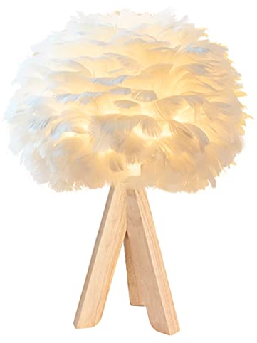 Weiße Feder Tischlampe Nachttischlampe mit Holzständer Licht Luxus Feder dekorative Lampe Nachtlicht Feder Lampenschirm Licht für Schlafzimmer, Wohnzimmer