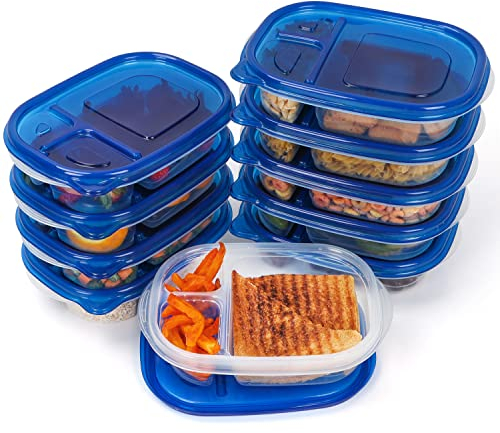 FRESHLY CONTAINED 10 Pack x 3 Compartment Plastic Food Containers - 780ml / 26oz BPA-Free Reusable Storage Bento Lunch Boxes with Lids - Microwave/Freezer/Dishwasher Safe Stackable for Meal Prep