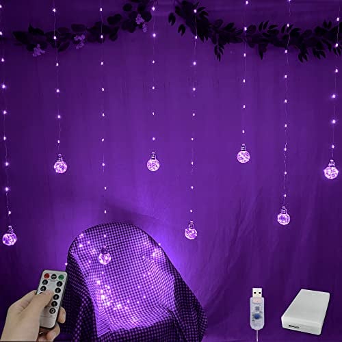 YOLIGHT Wishing Ball Curtain Lights 200 LED Window Curtain Lights with Remote, USB Battery Powered Twinkle Globe Fairy Lights for Wedding Party Bedroom Christmas Decoration (Purple)