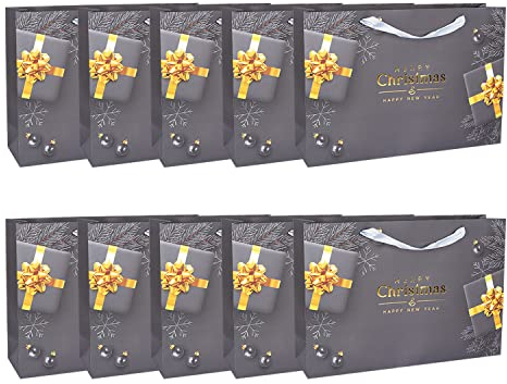 Idena 90074 - Geschenktüten Merry Christmas & Happy New Year, 10 Stück, 26 x 38 x 10 cm, Geschenktaschen Landscape L