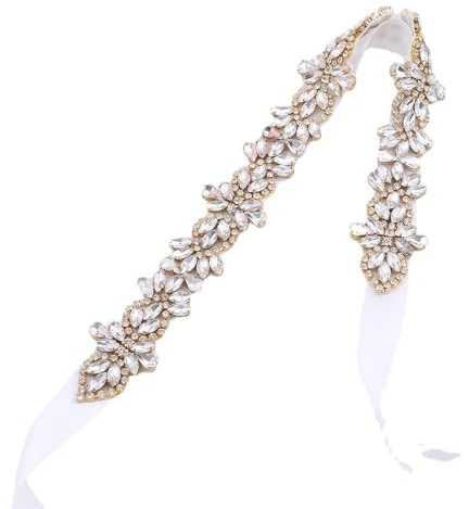 LEEMASING Strass-Kristallgürtel für Hochzeitskleid, Hochzeit, Party, Abschlussball, Schärpe mit Band für Damen, Abendkleid (Gold)