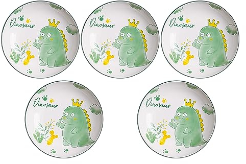 Decohomeforu Set mit 5 Porzellantellern mit Dinosaurier-Muster, 17,8 cm, große Dessert-Salat, Keramik-Teller, Servieren von Nudelgerichten für Steak, Pasta, Pizza, Vorspeise (spülmaschinen- und