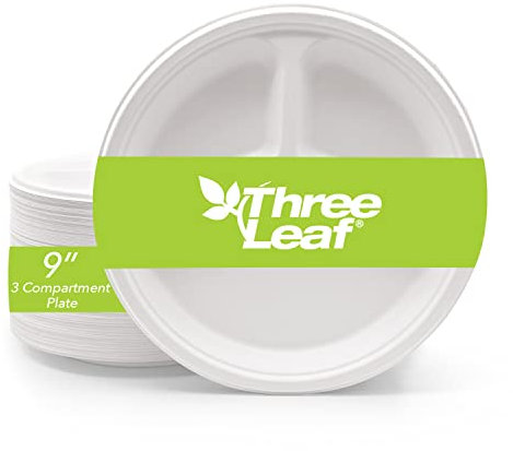 Three Leaf 9 3 COMPARTMENT BAGASSE ROUND PLATE, 500 Ct. Heavy-Duty- Super Strong- Natural- Eco-Friendly Disposable Bagasse Plates, 100% Biodegradable 9 inch 3 compartment plates