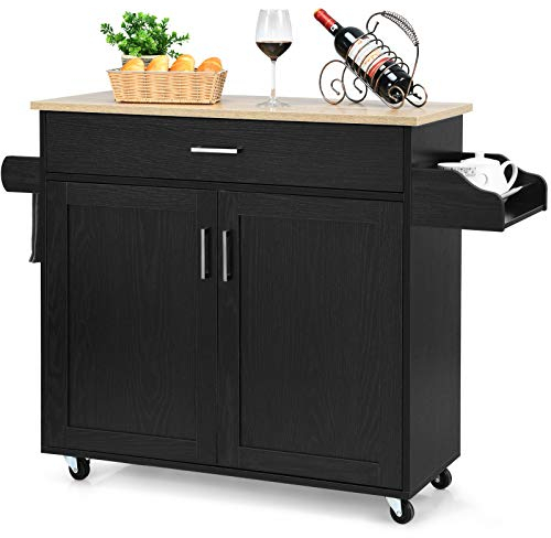 TANGZON Kitchen Island on Wheels, Rolling Storage Trolley with Large Cabinet, Drawer, Adjustable Shelf, Wood Worktop, Spice & Towel Rack, Utility Serving Cart for Dining Living Room Restaurant (Black)