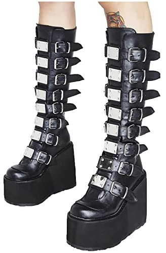 New Women Knee High Boots UK Clearance Platform Goth Boots Synthetic Leather Evening Long Boots Female Shoe Girls High Wedge Motorcycle Boots Ladies Thigh High Boots Gothic Buckles Biker Booties