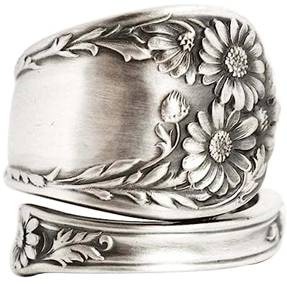 HshDUti 925 Sterling-Silver Oxidized Spoon Ring Adjustable Ring Jewelry Gifts for Women Vintage Victorian Style Antique-Flower Open Adjustable Ring Jewelry Gifts for Mom Grandma Antique Silver (A)