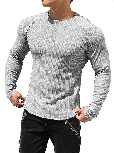 Muhshoiy Men's Cotton Muscle Henley Shirts Slim Fit Long Sleeve T-Shirt Stretchy Casual Stylish Ribbed Tee Grey L