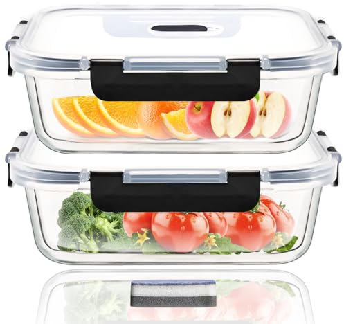 Hcrvvi Food Storage Containers - Food Containers 2 Pcs, with Upgraded Snap Locking Lids, Airtight Glass Containers Set, Meal Prep Containers Reusable, Glass Containers with Lids 1040ml, BPA Free