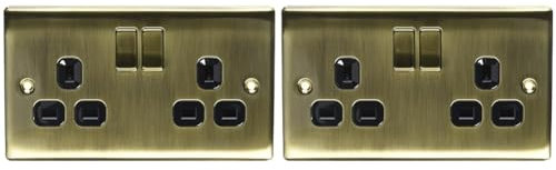 BG Electrical nab22b Metal Antique Brass Double Plug Socket Switch - Antique Brass Black (Pack of 2)