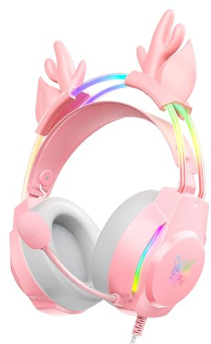 ONITOON Gaming Headset with Microphone, Deer Ears Headphones for PC Laptop PS4 PS5 Xbox Switch, Rainbow RGB Lighting & Virtual Surround Sound, 3.5mm Over Ear Headphones, Ergonomic