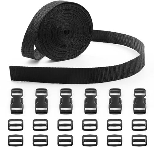 ADALT LION Gurtband, 8 Yards, 2,5 cm Breite mit verstellbaren Schnallen, 6 Stück und Kunststoff-Tri-Glide-Schiebe-Clip, 12 Stück für DIY Gurtschnallen-Set (schwarz, 2,5 cm – 8 Yard)