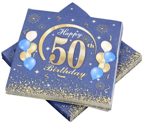 KASURE 50 Stück Deko 50 Geburtstag Junge Servietten Mit Happy Birthday Konfetti, 33x33cm 50 Geburtstagsdeko Servietten Für Geburtstagsfeier, Blau & Gold 50 Geburtstag Mädchen Junge Jubiläum Servietten