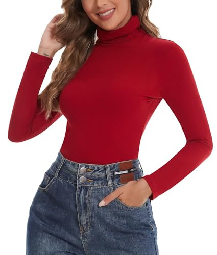 SHAPERIN Long Sleeve Top Women Polo Roll Neck Tops Plain Mockneck Casual Shirts Tight Tops Ribbed Tee Red S