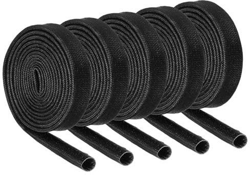 QUARKZMAN 5 Pz Intrecciata Guaina Per Cavi Elettrici, 5mm x 1m, Guaina alta temperatura in fibre di vetro, Espandibile Tagliabile Nascondi Cavi, Cable Management Per TV, Auto, Casa, Nero | Ignifugo, Intrecciato, Fibra di Vetro, Rivestito in Silicone, per Tubi Automotive