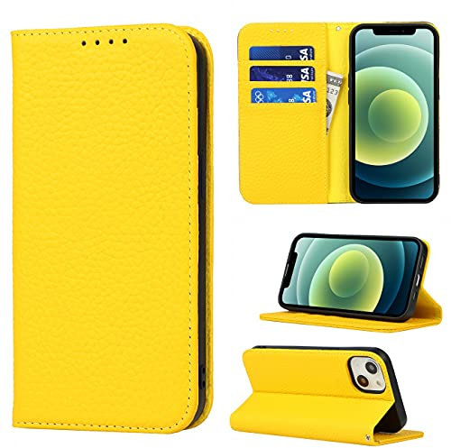 Cavor Phone Case compatible with iPhone 13 Mini,Flip Genuine Leather Wallet Case,[4 Card Holders][Magnetic][With Lanyard],Protective Cover Case compatible with iPhone 13 Mini - Yellow