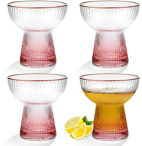 Stemless Margarita Glasses Set of 4,Vertical Stripes Cocktail Glasses with Gold Rim, Gradient Pink Base, Premium Hand Blown Glassware Martini Champagne Glasses for Bar Party Restaurant Camping (10oz)