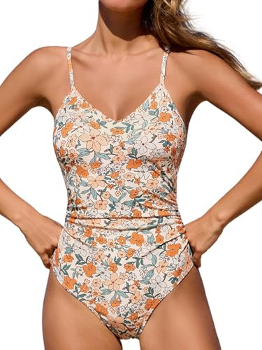 CUPSHE Damen Badeanzug V Ausschnitt Bauchweg Raffung Tiefer rücken Cutouts Einteilige Bademode Swimsuit Beige/Blumenmuster XL