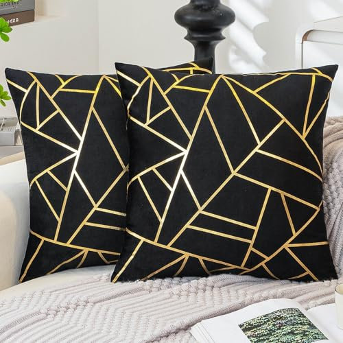 ViaElayu Kissenbezug 50 x 50 Schwarze Sofakissen mit goldenem geometrischem Deko Kissen Samt kissenbezüge Moderne Kissen Quadratische Kissen bezüge Dekoration 2er Set Schlafzimmer