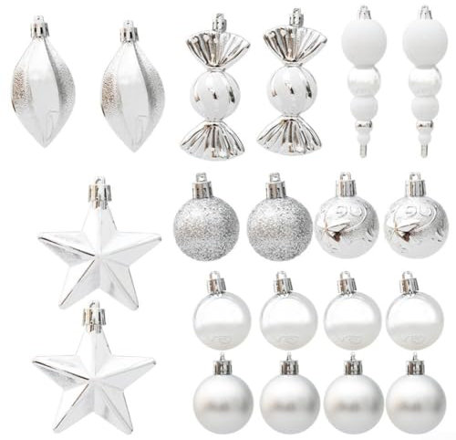 Besttoolifes Paquete de 20/29 bolas de Navidad inastillables, adornos de bolas de Navidad plateadas y blancas para decoración de árbol de Navidad (A)