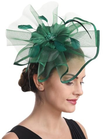 Haoijng Fascinators Hat for Women Cocktail Tea Party Headwear Flower Mesh Ribbon Feathers Headband (UK, Alpha, M, A1-Dark Green)