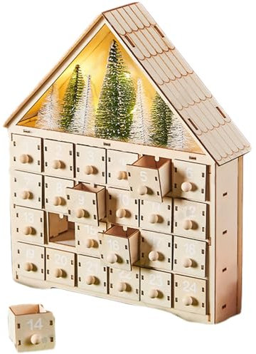 Christmas Advent Calendar with LEDs Wooden Advent Calendar with Christmas Tree&24 Drawers Decorations for Adults Kids Gifts Home Decoration Wooden
