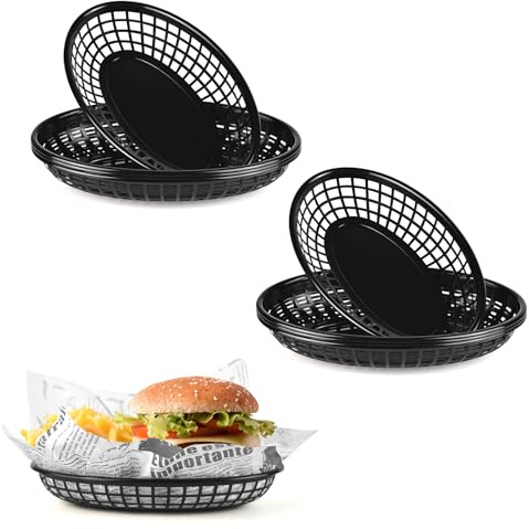 JJWNMLL Food Baskets,8pcs Black Reusable Plastic Oval Fruit Basket | Baskets for Burgers,Fries,Sweets,Crisps,Party,Picnics,BBQ