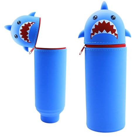 SHRADS 2-In-1 Weiche Silikontasche - Kawaii, Kawaii Federmäppchen, Kawaii Federmäppchen, Federmäppchen, Niedlicher Cartoon (Blauer Hai)
