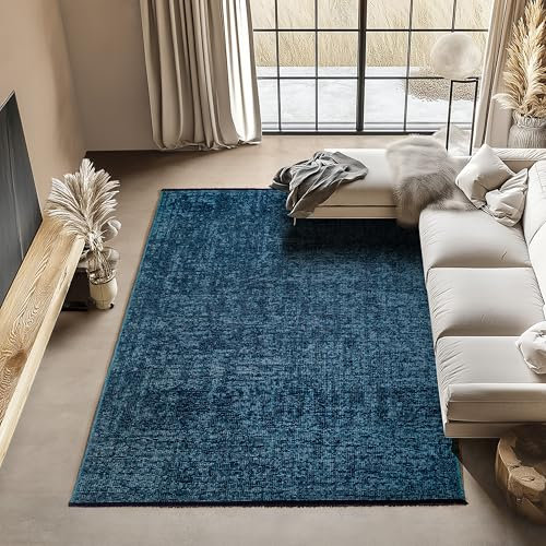 Carpettex Chenille Teppich Baumwolle Blau 120x170 cm Boho-Stil, Vintage Kelim, Waschbar, Kurzflor, rutschfest & Weich, Einfarbig Meliert, Für Wohnzimmer, Schlafzimmer, Büro & Küche