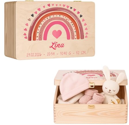 Maverton Erinnerungsbox Baby mit Namen, Aufbewahrungsbox mit Deckel | Personalisierte Geschenke Baby, Geschenk für Mädchen und Jungen zur Geburt zur Taufe, aus Kiefernholz