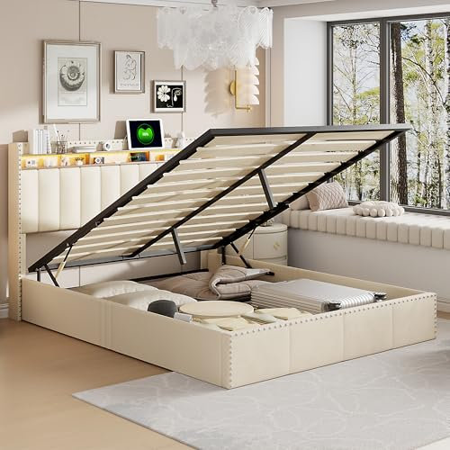 JYNVO Polsterbett 140x200 cm, mit integrierter USB-Ladestation und Kopfteilbeleuchtung, Cremeweißes Samt-Doppelbett mit Nietenverzierung, Modernes Schlafzimmerbett, Teenagerbett